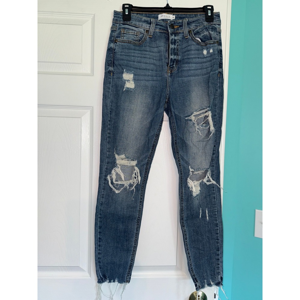 Oasis by Eunina Distressed Skinny Jeans Medium Wash Frayed Hem Size 5
